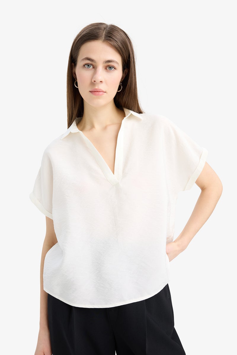 DeFacto Beige Woman Comfort Fit Shirt Collar Basic Blouse Casual - Image 3